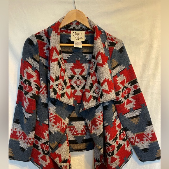 Cripple Creek Sweaters - Cripple Creek Draped Open Front Cardigan Aztec Print Womens Sm